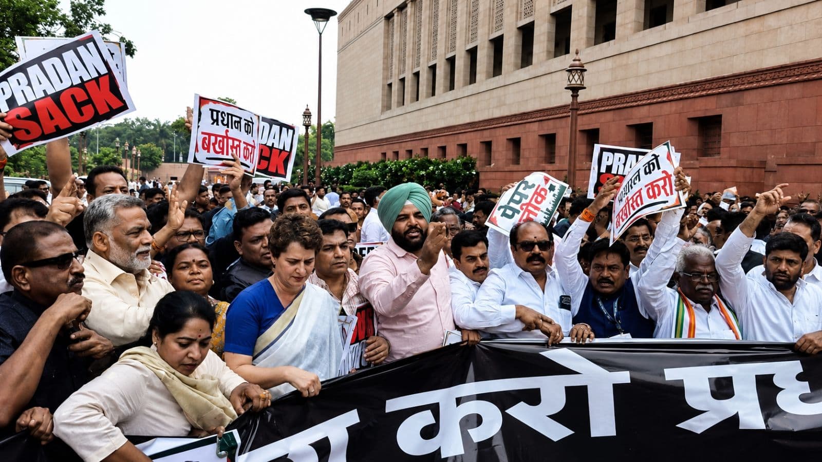 Slogan vs slogan at Parliament entrance as NDA, Opposition hold protests