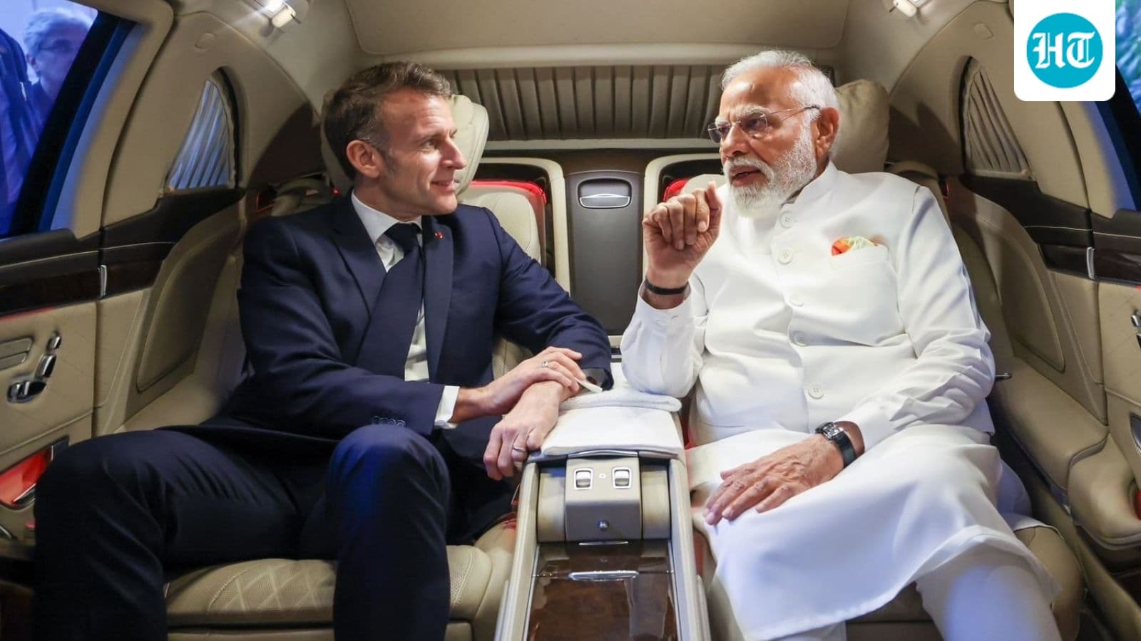 PM Modi shares ride with French President Macron en route to India-France Innovation Forum after meeting